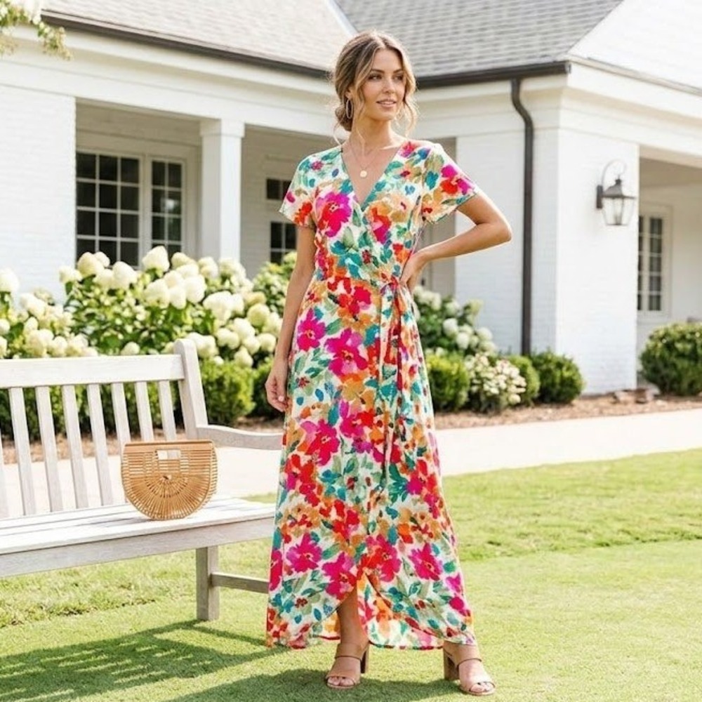 VICI Floral Maxi Dress S Multicolor Wrap V-Neck Short Sleeve Graphic Boho Summer